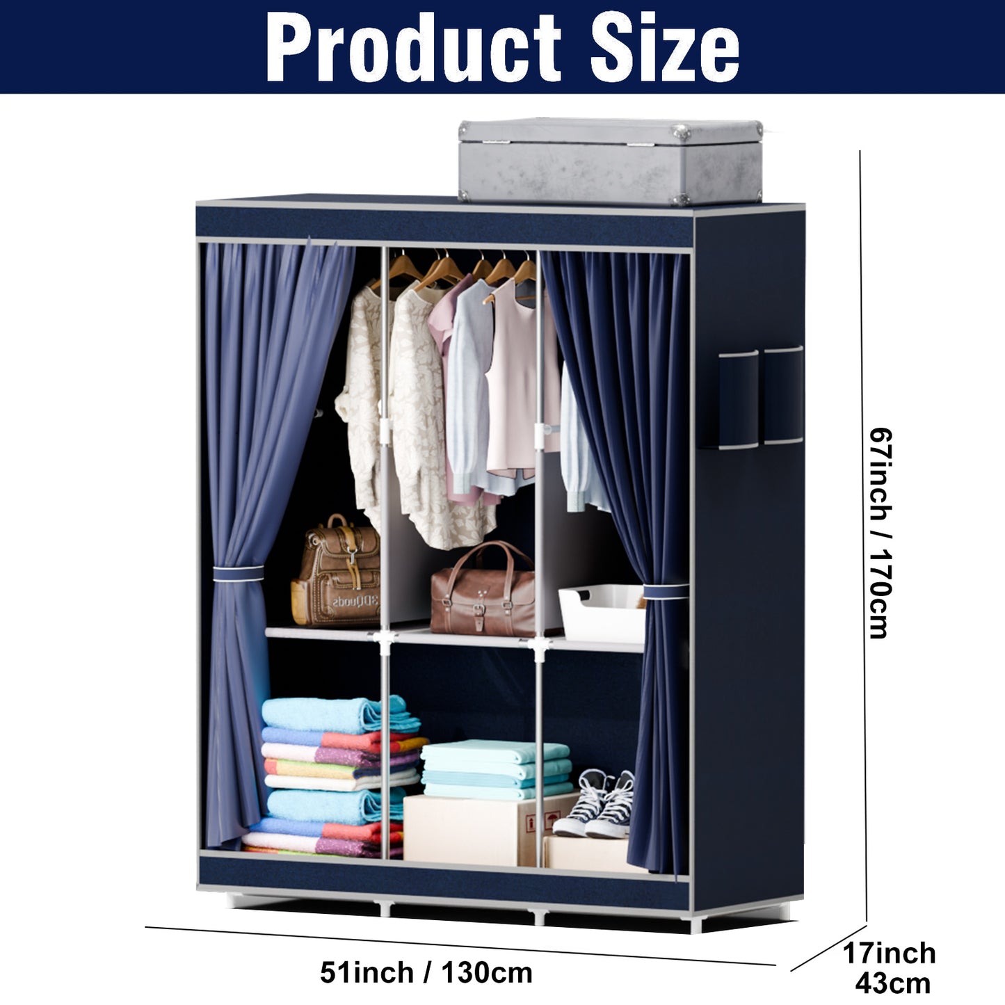 BAOKALER Dustproof Wardrobe Closet Storage Shelf, Non-woven Fabric Portable Closet Organizer, Dark Blue