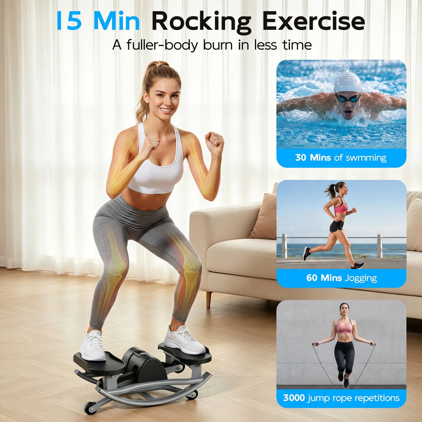 RICAN Smart Lateral Rocking Fitness Stepper, Low-Impact Portable Exercise Stepper with Digital Monitor, Resistance Bands & Floor Mat, Sliver