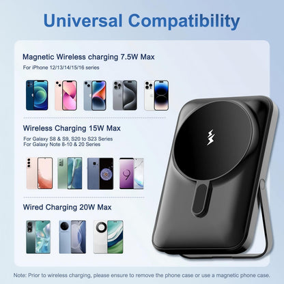 Magnetic Power Bank,10000mAh Wireless Portable Charger with LED Display, Built-in Cables, Magsafe Charger with Foldable Stand, 20W PD Fast Charging