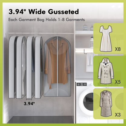 ALSO GO 60" Garment Bags with 4" Gussets, Multifunctional Garment Bags for Hanging Clothes,Waterproof Dress Bag and Suit Bag, Clear Travel Garment Bag for Clothes, Gowns, Coats, Suits, 5 Packs