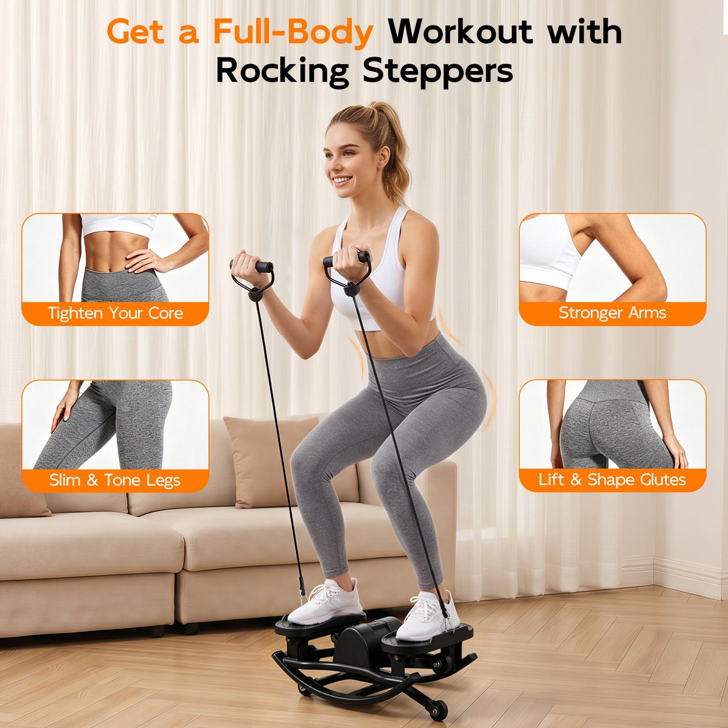 RICAN Smart Lateral Rocking Fitness Stepper, Low-Impact Portable Exercise Stepper with Digital Monitor, Resistance Bands & Floor Mat, Black