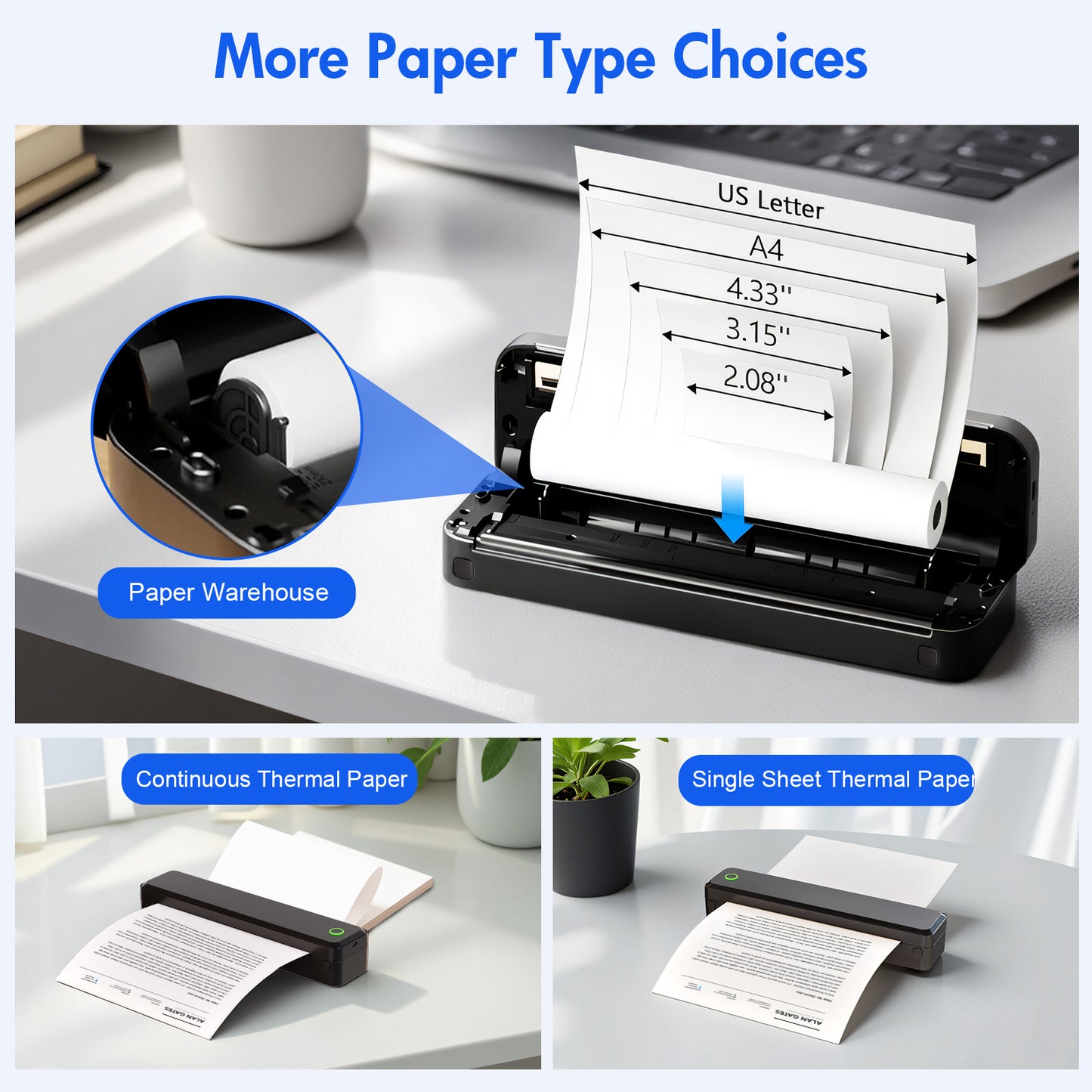 Baokaler Wireless Thermal Printer, Mobile Bluetooth Inkless Printer for Travel Home Use, Support US Letter/A4/A5/B5 Thermal Paper, Compatible with Android iOS Phone & Laptop