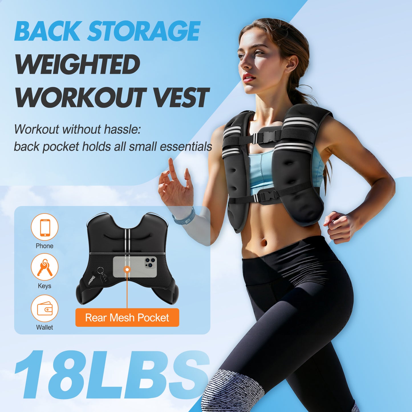 BAOKALER Weighted Vest for Fitness 18lb with Reflective Strips, Ideal for Men & Women, Strength Training, Running, Muscle Building & Weight Loss