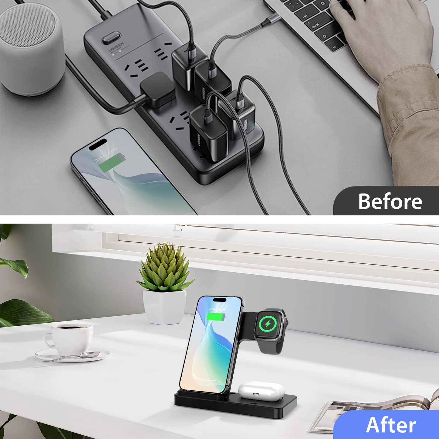 Wireless Charger Station for iPhone16 15 14 13 12 11 8 XS XR & Samsung Galaxy, 3 in 1 Charging Station for AirPods 3 2 Pro & iWatch Series ,Magnetic Wireless Charger Black