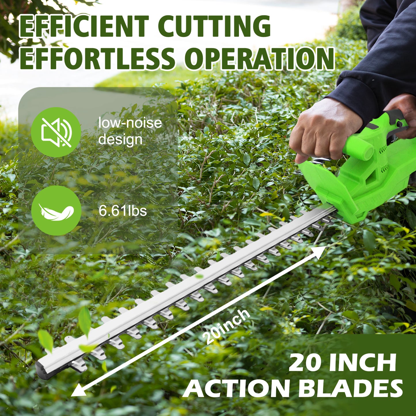 BAOKALER 20" Cordless Hedge Trimmer,24V Rechargeable Hedge Cutter with 20" Double Action Blade and 2PCS 2000MAH Batteries, Lightweight Grass Shrub Trimmer, Green
