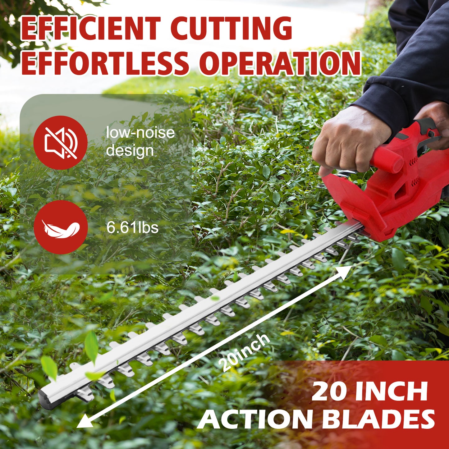 BAOKALER 20" Cordless Hedge Trimmer,24V Rechargeable Hedge Cutter with 20" Double Action Blade and 2PCS 2000MAH Batteries, Lightweight Grass Shrub Trimmer, Red