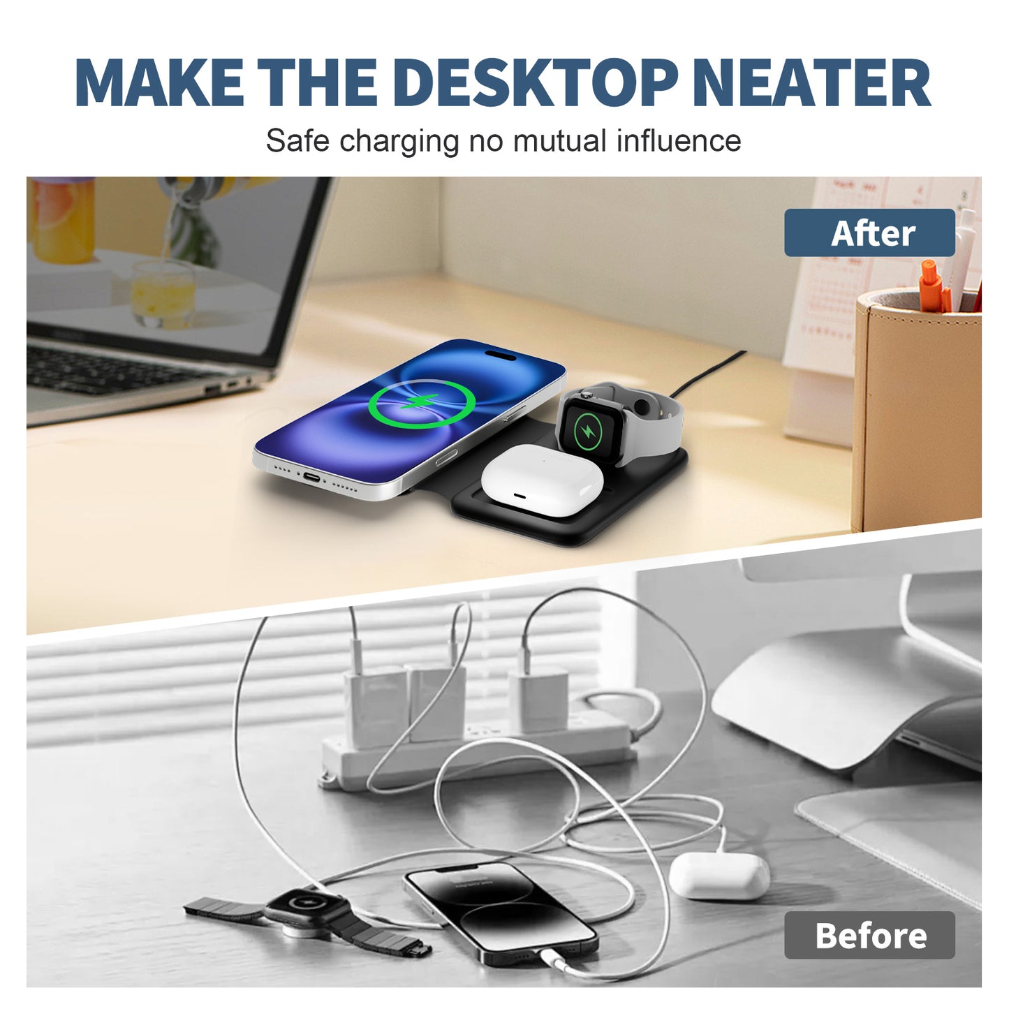 Wireless Charger for iPhone, 3 in 1 Magnetic Charging Station for Apple Devices for iPhone 16 15 14 13 12 Pro Max Plus - Foldable Charging Pad for Apple Watch Series Airpods 4 3 2 Pro, Black