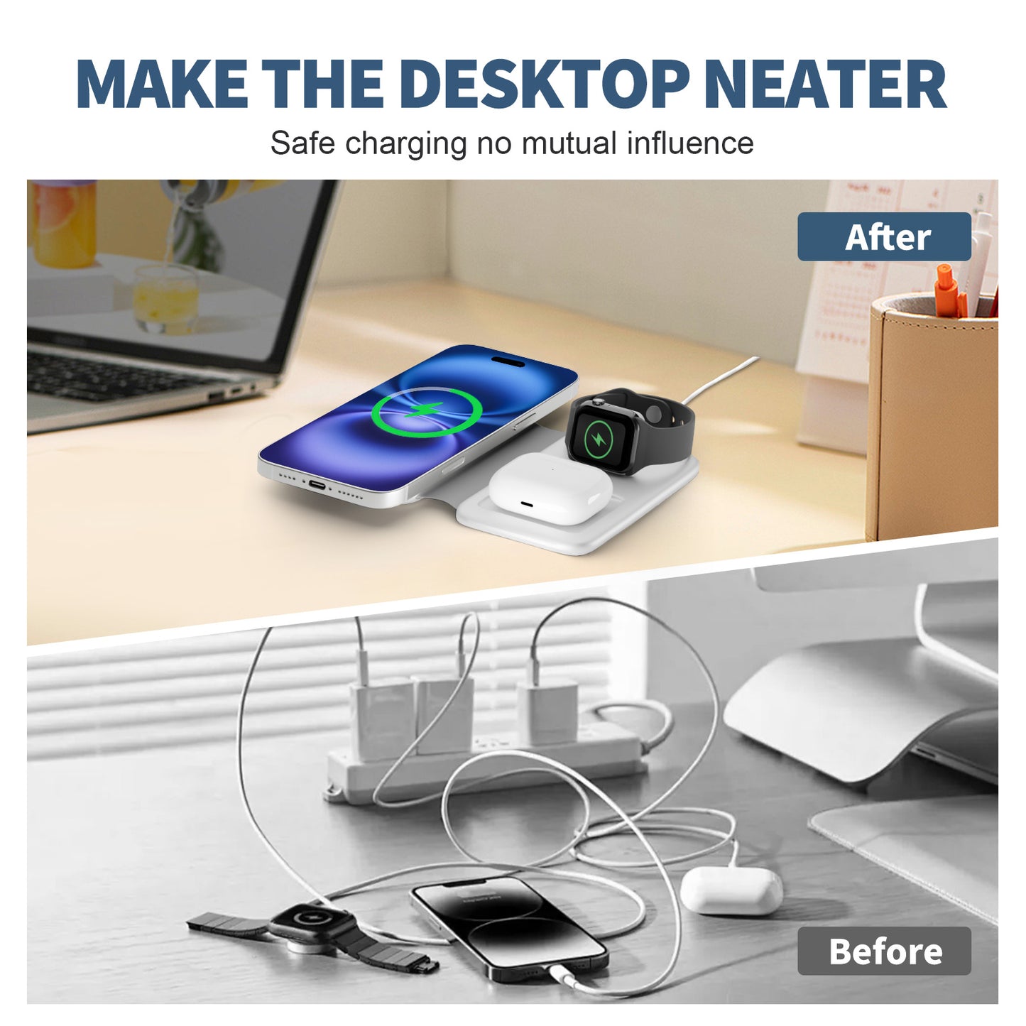 Wireless Charger for iPhone, 3 in 1 Magnetic Charging Station for Apple Devices for iPhone 16 15 14 13 12 Pro Max Plus - Foldable Charging Pad for Apple Watch Series Airpods 4 3 2 Pro, White