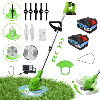 24V 650W Lawn Mover Electric Grass Trimmer Cordless W/2 Batteries, Battery Weed Eater, Electric Weed Wacker, Lawn Mower Cordless Pruning Cutter Weed Wacker Garden Trimming Tool