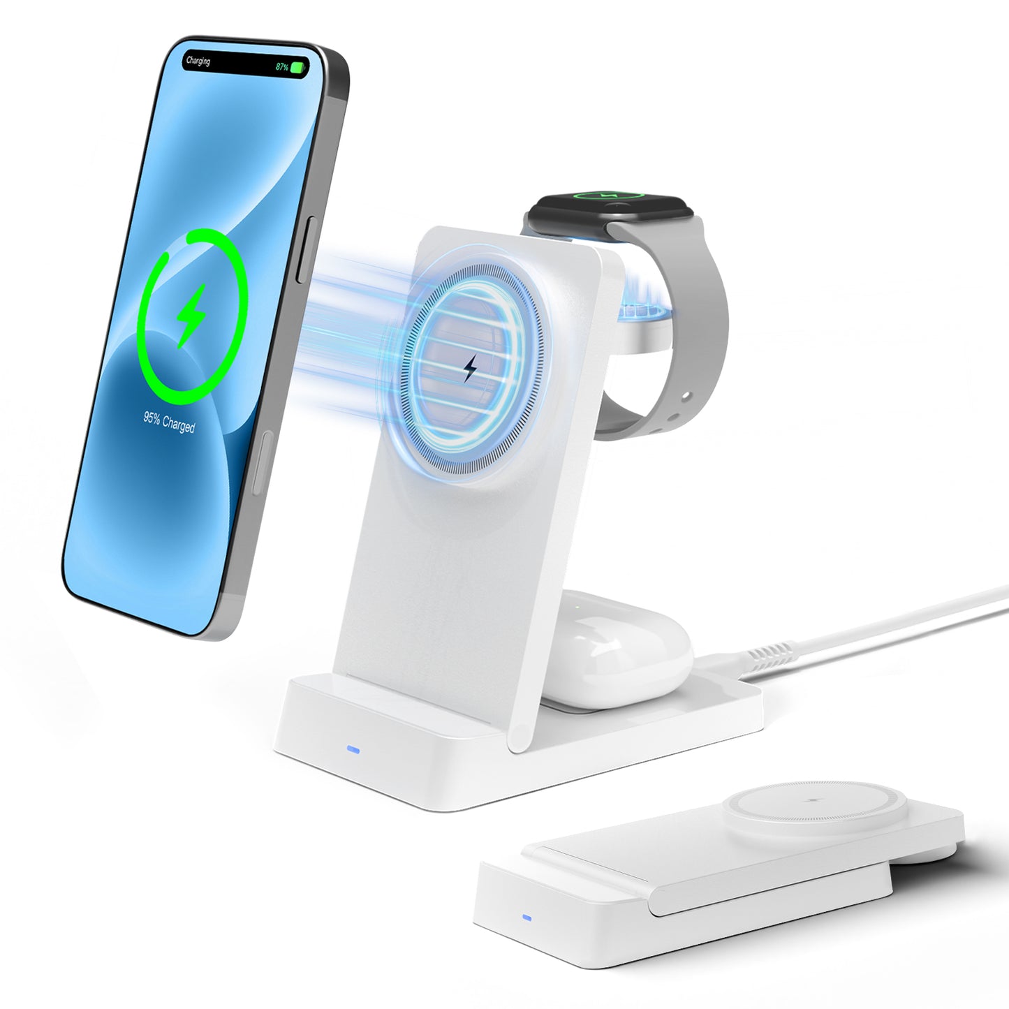 Wireless Charger, 3 in 1 Charging Station for iPhone 17 16 15 14 13 12, for iWatch, for AirPods 4 3 2, 15W Magnetic Charging Pad with Foldable Design, White