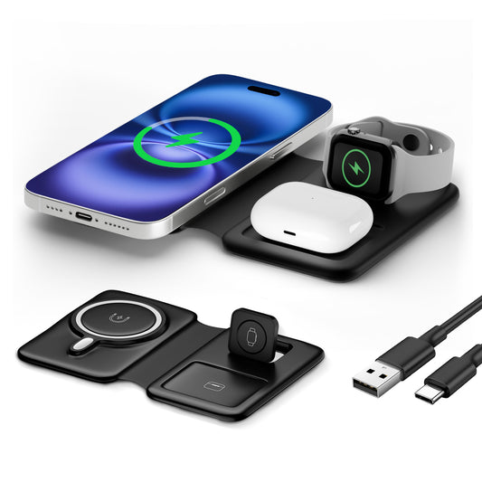 Wireless Charger for iPhone, 3 in 1 Magnetic Charging Station for Apple Devices for iPhone 16 15 14 13 12 Pro Max Plus - Foldable Charging Pad for Apple Watch Series Airpods 4 3 2 Pro, Black