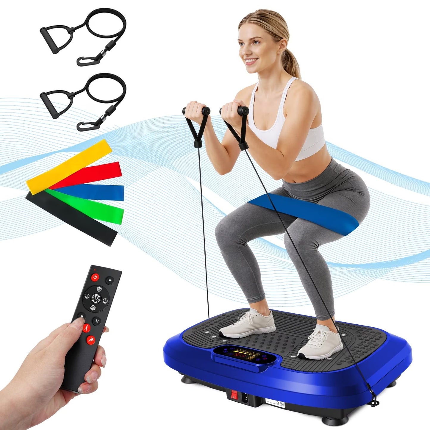 RICAN Vibration Plate Exercise Machine, Full Body Vibration Platform with 2 Loops & 5 Resistance Bands for Wellness and Fitness, Blue