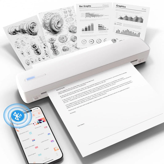 Wireless Printer, A4 Thermal Printer, Monochrome for Travel, Mobile Office, School, Home, Bluetooth Printer Compatible with IOS and Android, for Phone and Laptop, Portable printer all in one