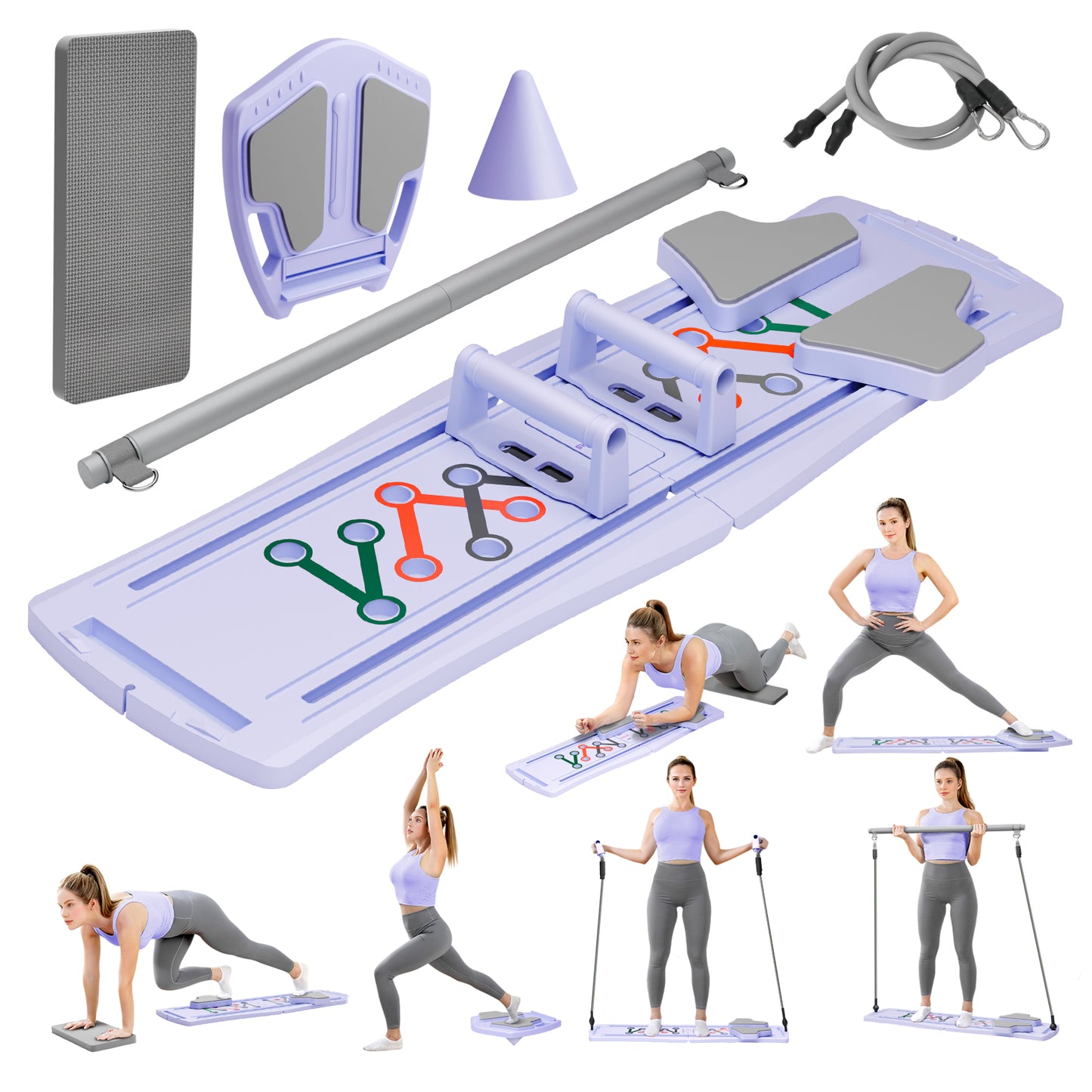 RICAN 7 in 1 Foldable Pilates board, Pilates Reformer Set with 330LBS, Portable Home Pilates for Women Workout, Fitness, Exercise, Abs, Purple