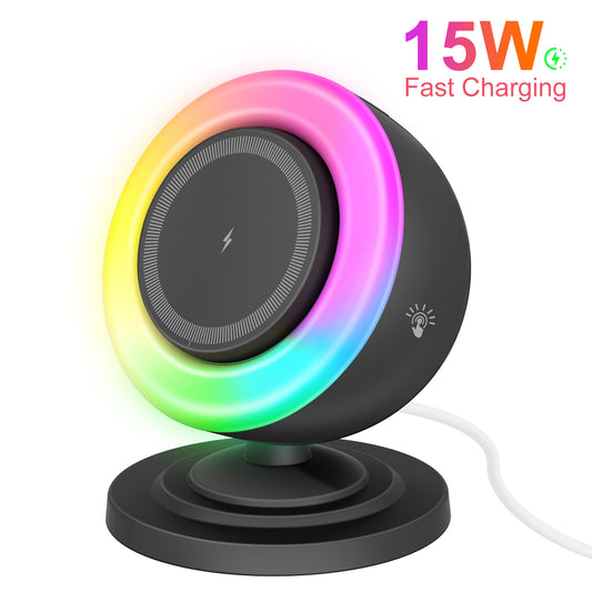 Wireless Charger for iPhone Samsung Huawei,Magnetic Charging Station with Bluetooth speaker and RGB light, Travel Charging Station Compatible with Apple 12 and above series, Black