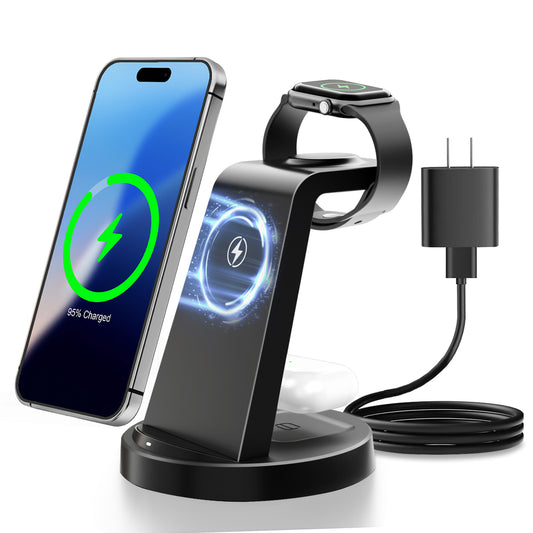 Fast Wireless Charging Station, 3 in 1 Magnetic Wireless Charger for iPhone 16 15 14 13 12 11 8 Pro X Max XS XR, for iWatch Series, for Airpods 4 3 2 Pro, Black