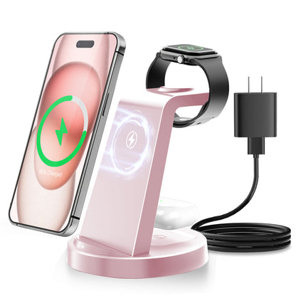 Wireless Charger, Charging Station, 3 in 1 Charger Stand for iPhone 17 16 15 14 13 12, Compatible with iWatch 11 10 9 8 7 6 5 4 3 2 SE Ultra Series, for Airpods 4 3 2 Pro, Pink