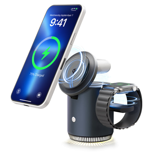 Wireless Charger for iPhone, Charging Station for iPhone 17 16 15 14 13 12, for AirPods 4 3 2, for iWatch Series, with Adjustable Night Light, Black