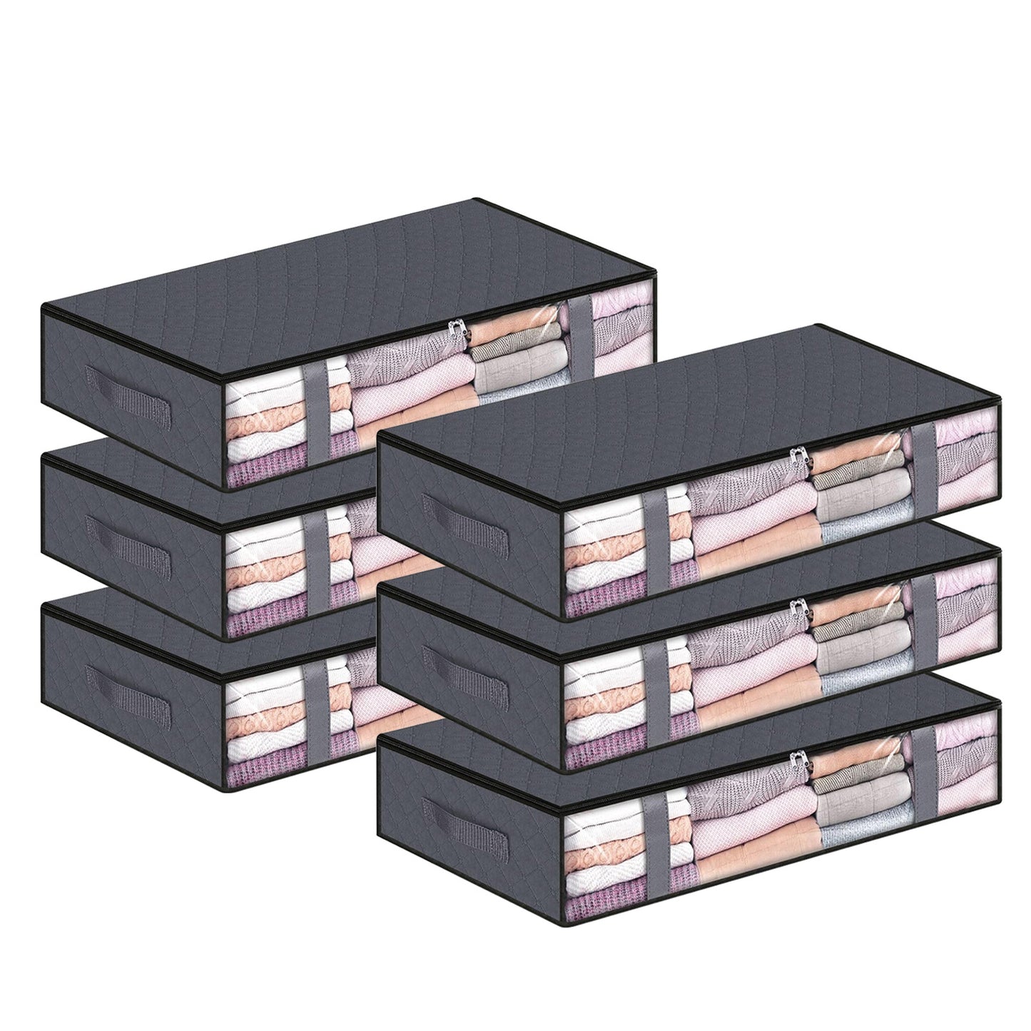 6 Pack Under Bed Storage Bags with Reinforced Handles, 45L Visible Underbed Clothes Storage, Breathable Non-woven Closet Storage for Blanket, Pillows, Comforters and Quilts