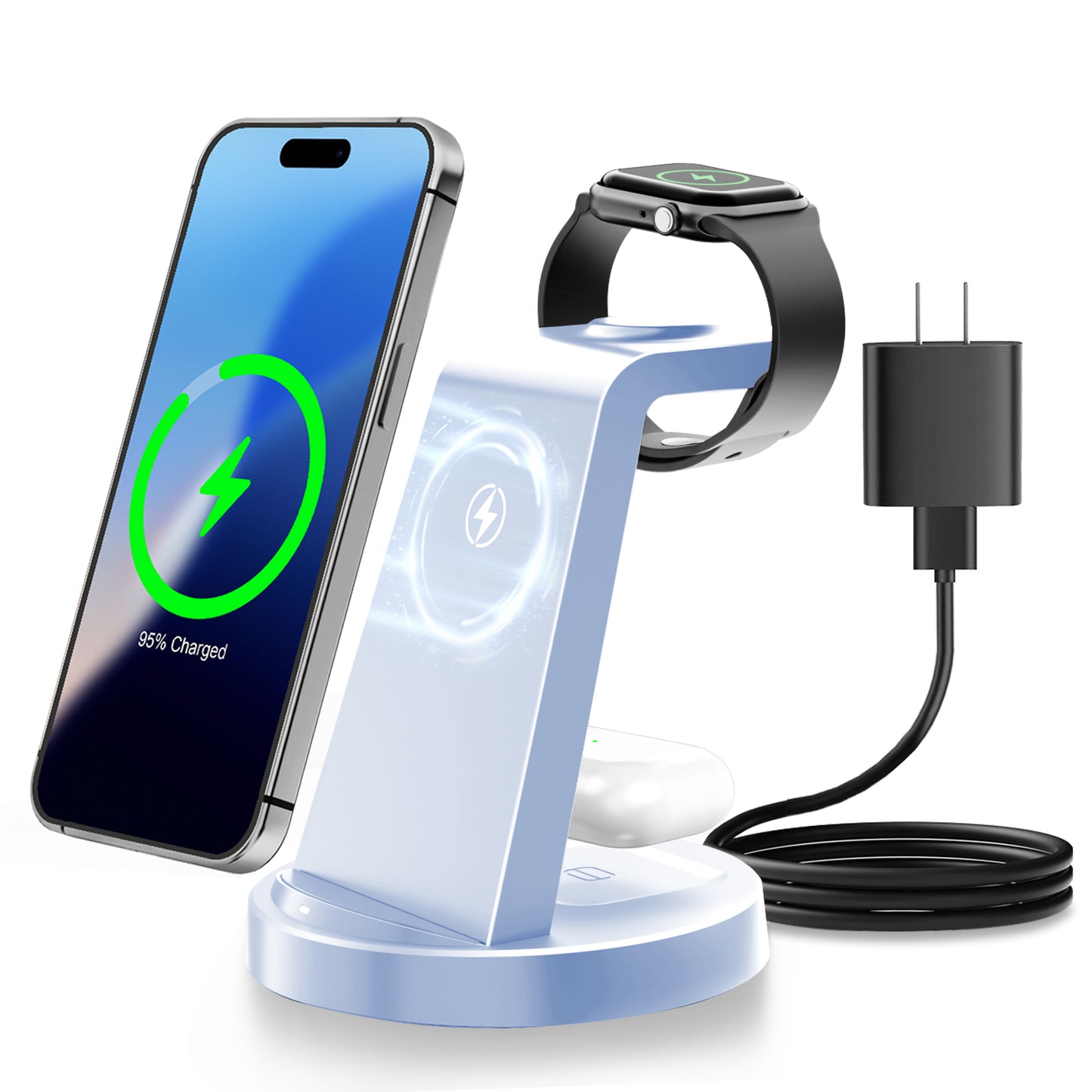 Wireless Charging Station, 3 in 1 Magnetic Wireless Charger for iPhone 16 15 14 13 12 11 8 Pro X Max XS XR, for Airpods 4 3 2 Pro, for iWatch Series, Blue