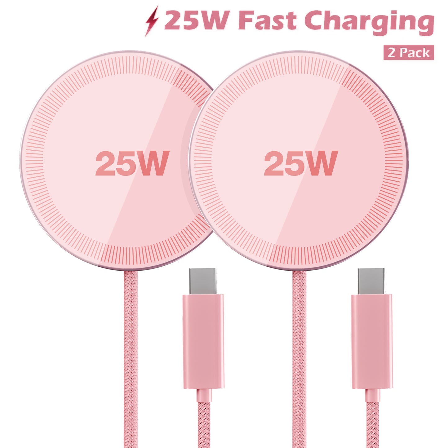 25W MagSafe Wireless Charger 2 Pack, Magnetic Fast Charging Pad for iPhone 17 16 15 14 13 12 Pro Max AirPods, iPhone charger, Pink
