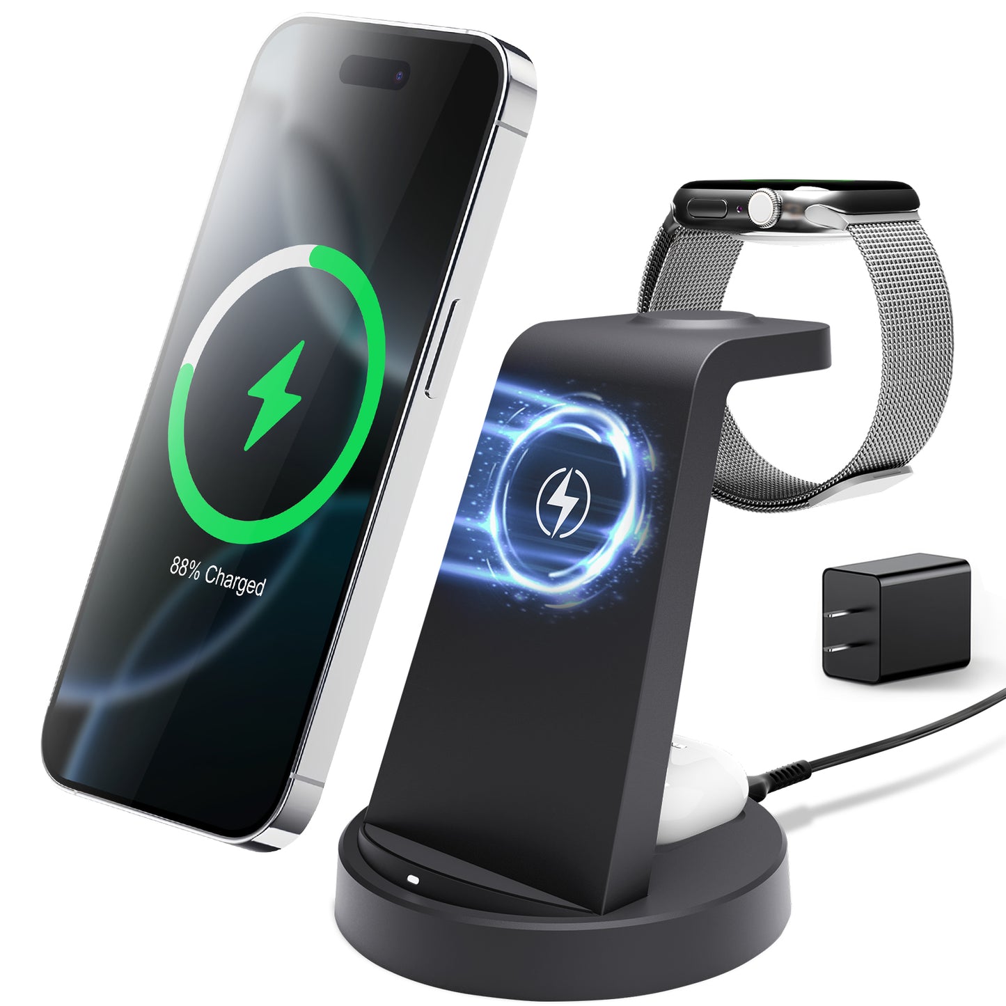 3 in 1 Charging Station, 15W Fast Wireless Charger Compatible with iPhone 17 16 15 14 13 12, Compatible with iWatch, Compatible with Airpods, Black