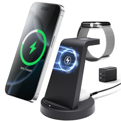 3 in 1 Charging Station, 15W Fast Wireless Charger Compatible with iPhone 17 16 15 14 13 12, Compatible with iWatch, Compatible with Airpods, Black