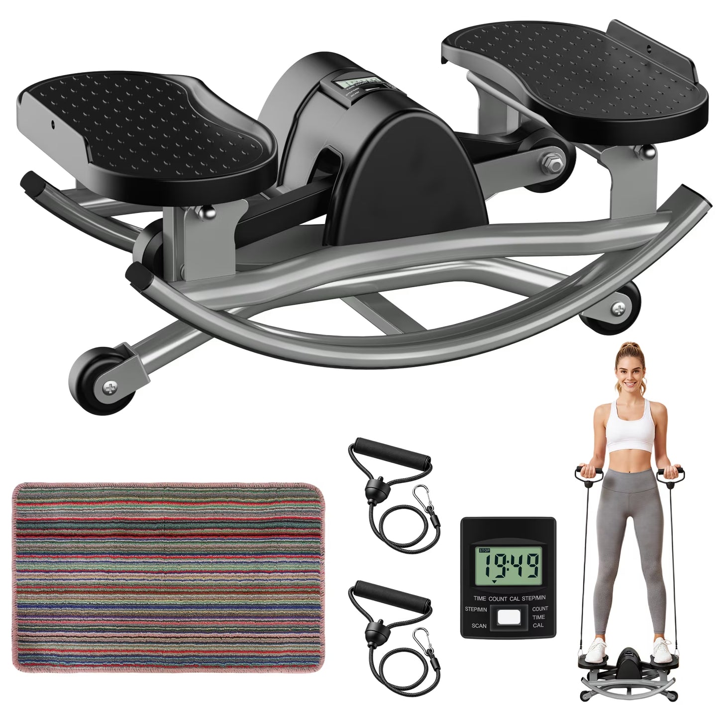 RICAN Smart Lateral Rocking Fitness Stepper, Low-Impact Portable Exercise Stepper with Digital Monitor, Resistance Bands & Floor Mat, Sliver