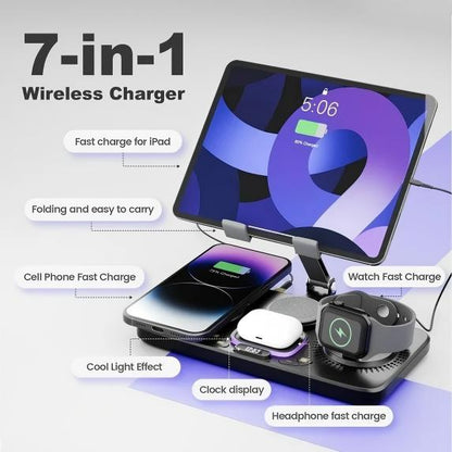 7 in 1 Wireless Charger for iPhone Airpods iWatch, Foldable Magnetic Charging Station For Apple Multiple Devices, Travel Charging Pad Dock Compatible with Apple 12 and above series