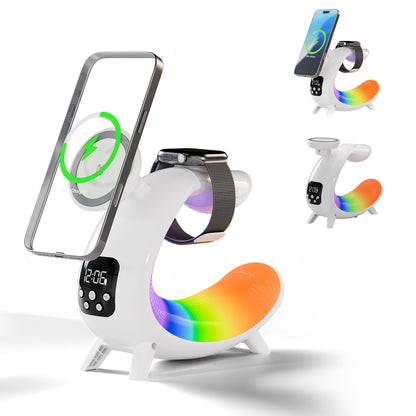 Charging Station , 6 in 1 Wireless Charger with Ambient Light and Bluetooth Speaker, 15 W Magsafe Charging Station for iPhone 11 and above series, Compatible with AirPods iWatch