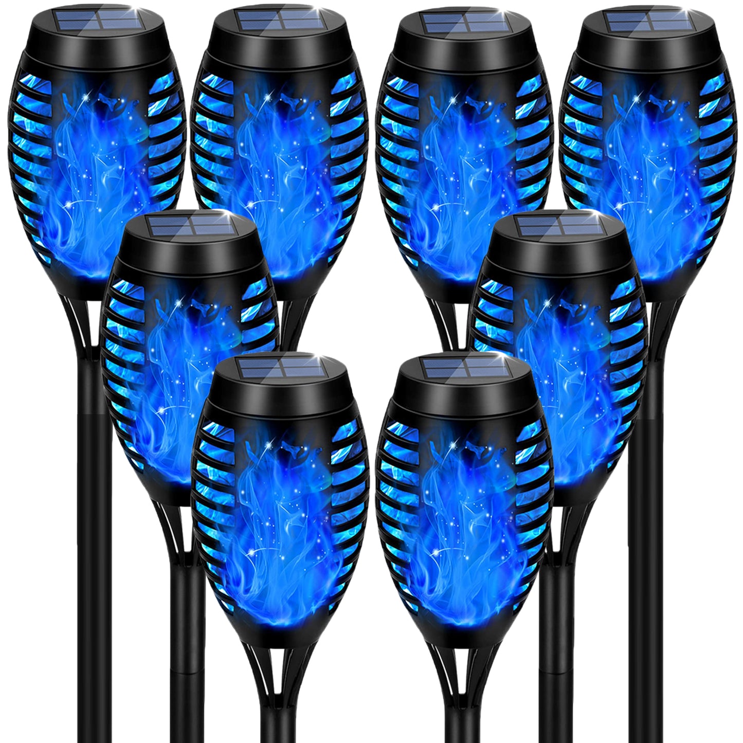 Outdoor Solar Garden Lights, 8 Packs Solar Tiki Torch Lights with Flickering Flame, Blue Lights Waterproof, Hallowee Decor Lights for Garden, Lawn, Patio, Yard Decor