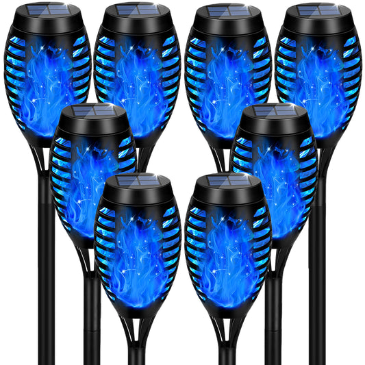 Outdoor Solar Garden Lights, 8 Packs Solar Tiki Torch Lights with Flickering Flame, Blue Lights Waterproof, Hallowee Decor Lights for Garden, Lawn, Patio, Yard Decor