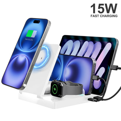 15W Fast Charging Station, 5 in 1 Wireless Charger Compatible with iPhone 15 14 13 12 11 8 Series, Charging Dock Compatible with AirPods 4 3 2 1, for iWatch, for iPad, White