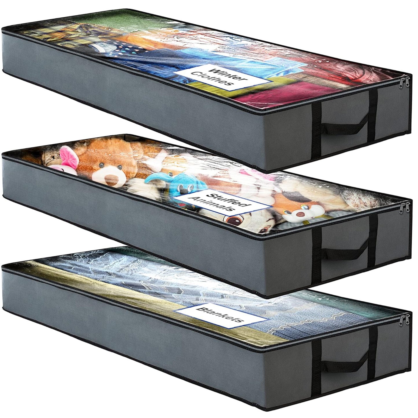 BAOKALER Underbed Storage Bag Adult Reinforced with Dual Handles, Gray, 3 Count, 3 Pack