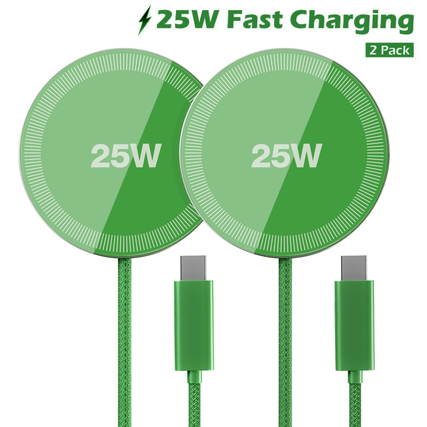 2 Pack 25W Magnetic Charger Wireless, MagSafe Fast Charging Pad for iPhone 17 17e 16 16e 15 14 13 12 Pro Max, Portable Phone Charger for Travel Bedside, Dark Green