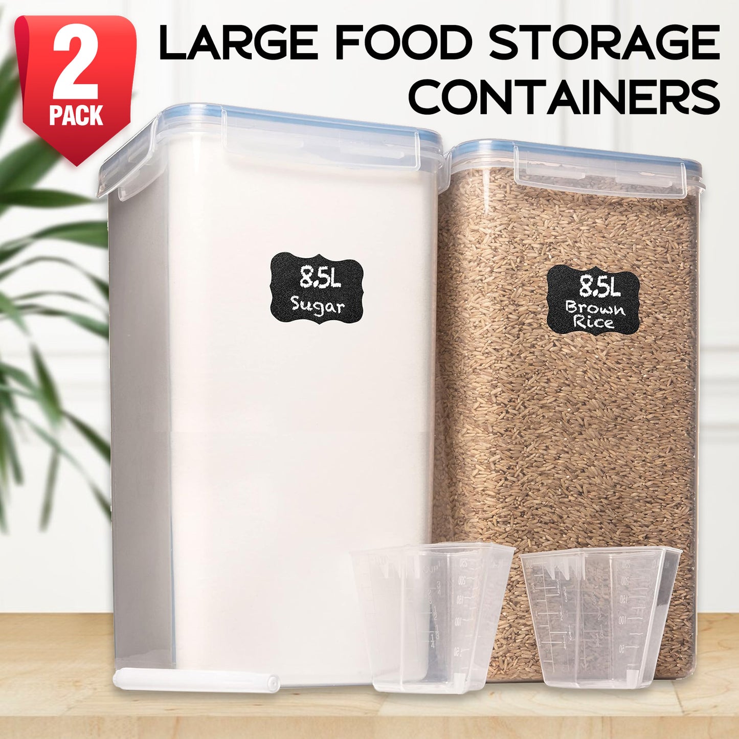 8.5L/287Oz Airtight Cereal Container Flour Storage with Lids, Extra Large Food Storage Containers Pantry with Measuring Cups, Chalkboard Labels and Marker for Kitchen Organization, 2 Pack