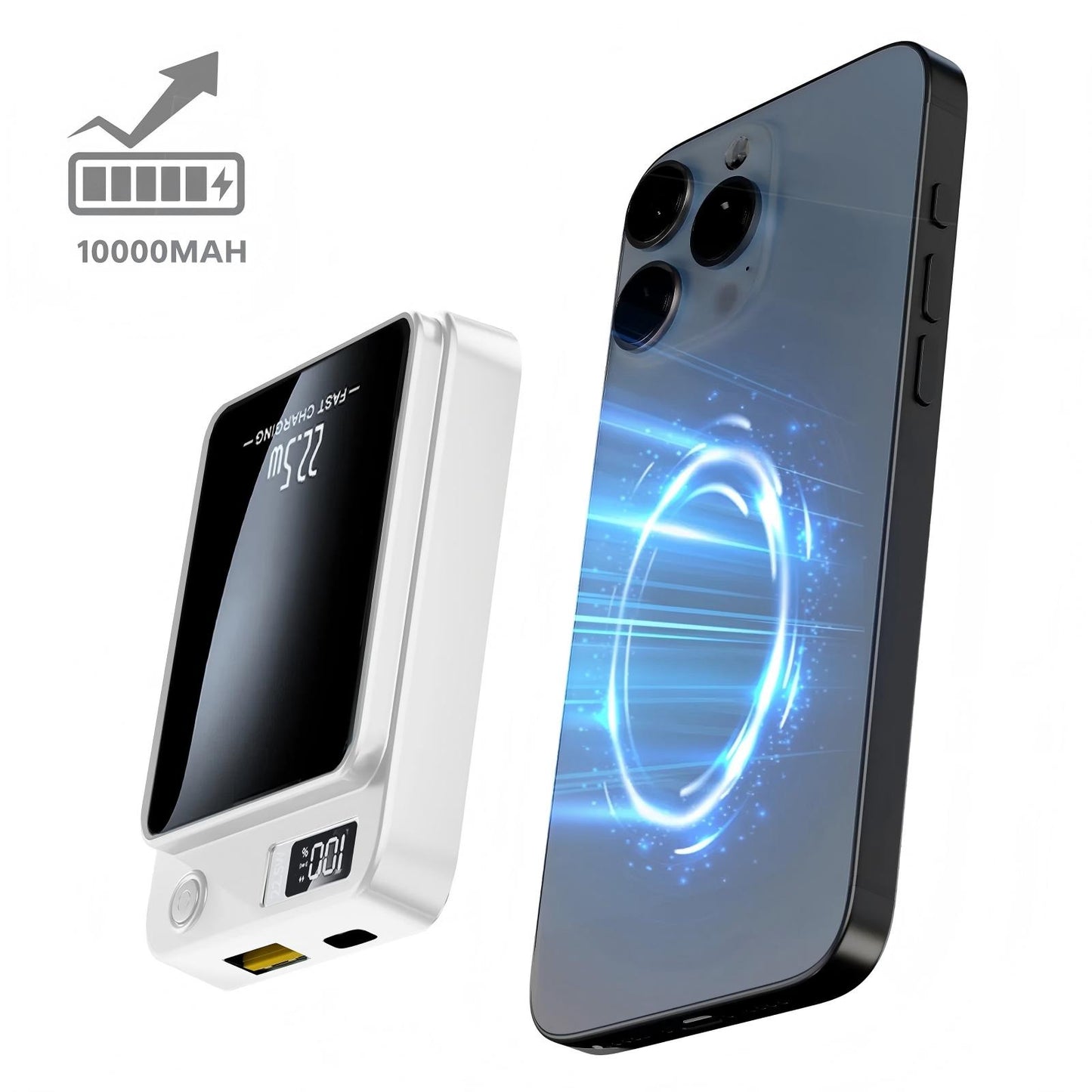 Portable Magnetic Wireless Power Bank, 10000mAh 22.5W Fast Charging,2 in 1 power bank with LED Power Display, Suitable for Outdoor Emergency Backup Power Bank, Compatible with iphone and above series