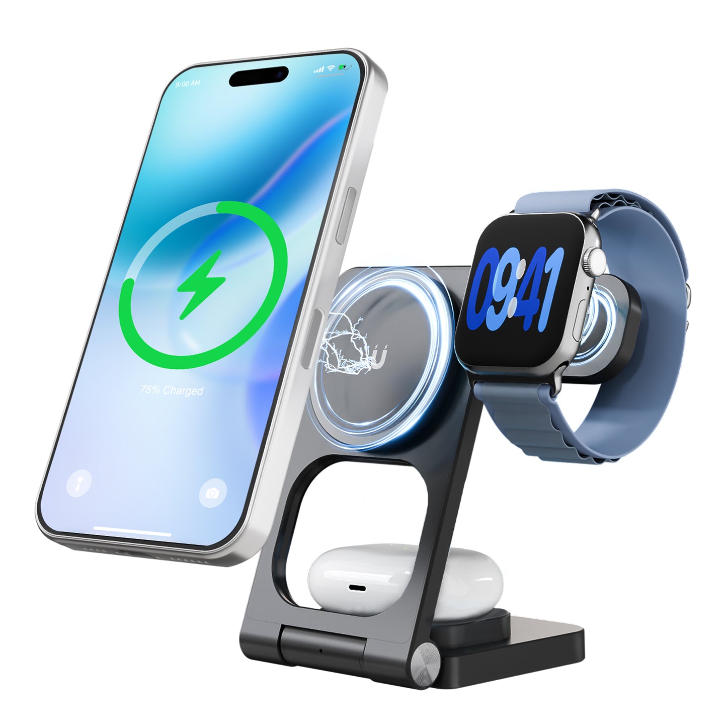 Charging Station, Magnetic Wireless Charger for iPhone 17 16 15 14 13 12, for iWatch, for AirPods 4 3 2, 3 in 1 Charging Pad with Foldable Design, Black