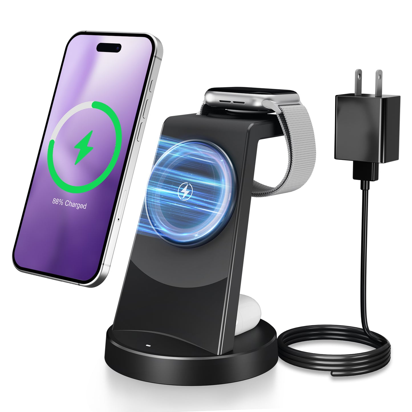Charging Station, 15W Fast Wireless Charger for iPhone 16 15 14 13 12 Pro X Max XR, Compatible with AirPods iWatch,3 in 1 Magnetic Stand