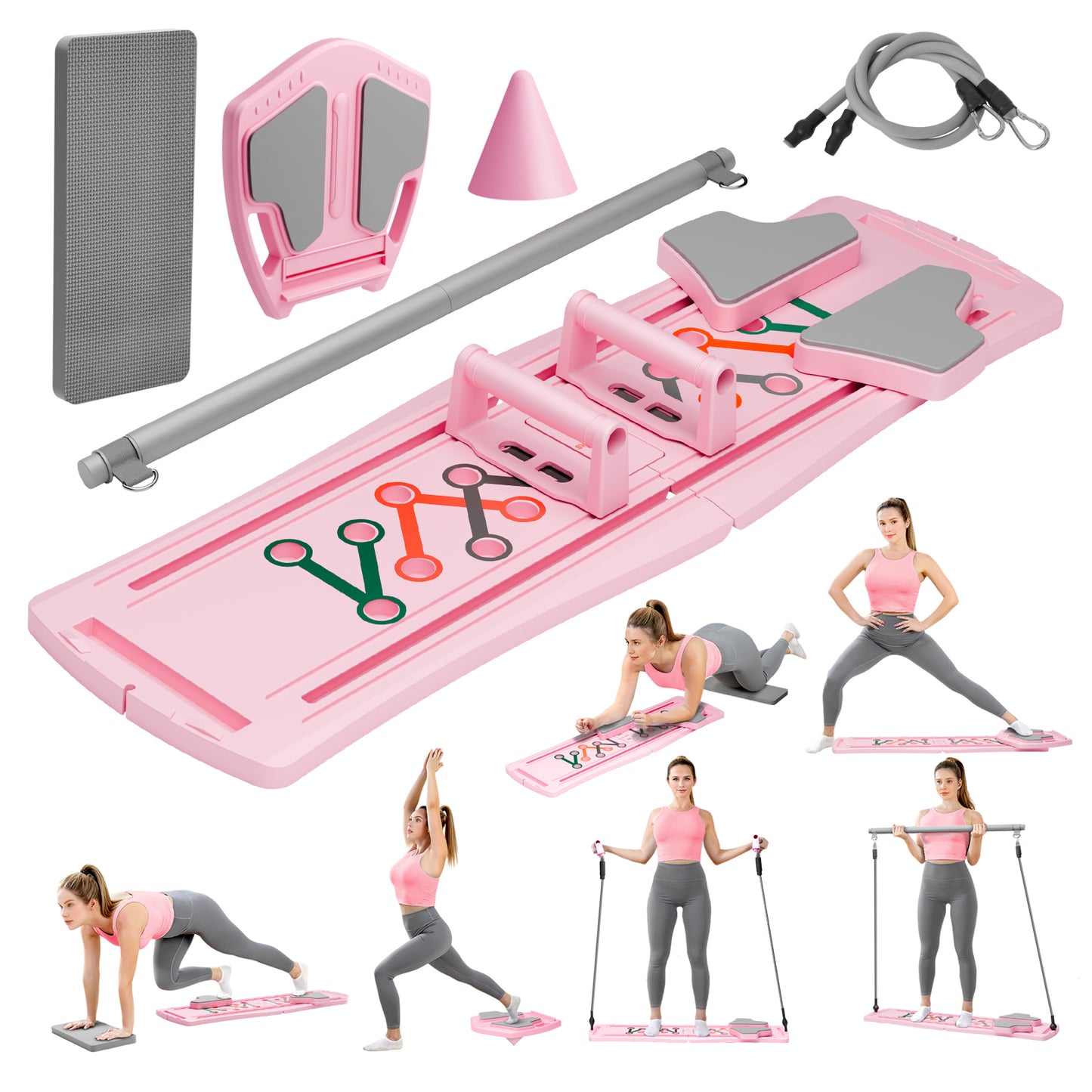 RICAN 7 in 1 Foldable Pilates board, Pilates Reformer Set with 330LBS, Portable Home Pilates for Women Workout, Fitness, Exercise, Abs, Pink