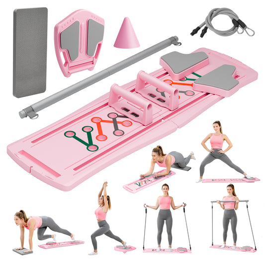 RICAN 7 in 1 Foldable Pilates board, Pilates Reformer Set with 330LBS, Portable Home Pilates for Women Workout, Fitness, Exercise, Abs, Pink