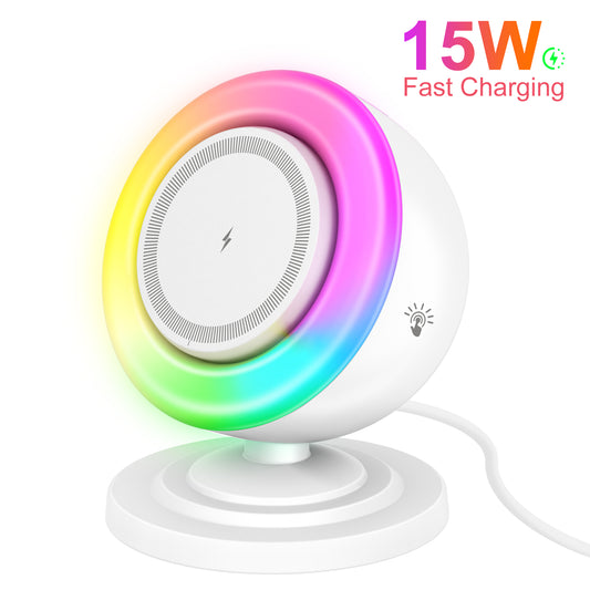 Wireless Charger for iPhone Samsung Huawei,Magnetic Charging Station with Bluetooth speaker and RGB light, Travel Charging Station Compatible with Apple 12 and above series, White