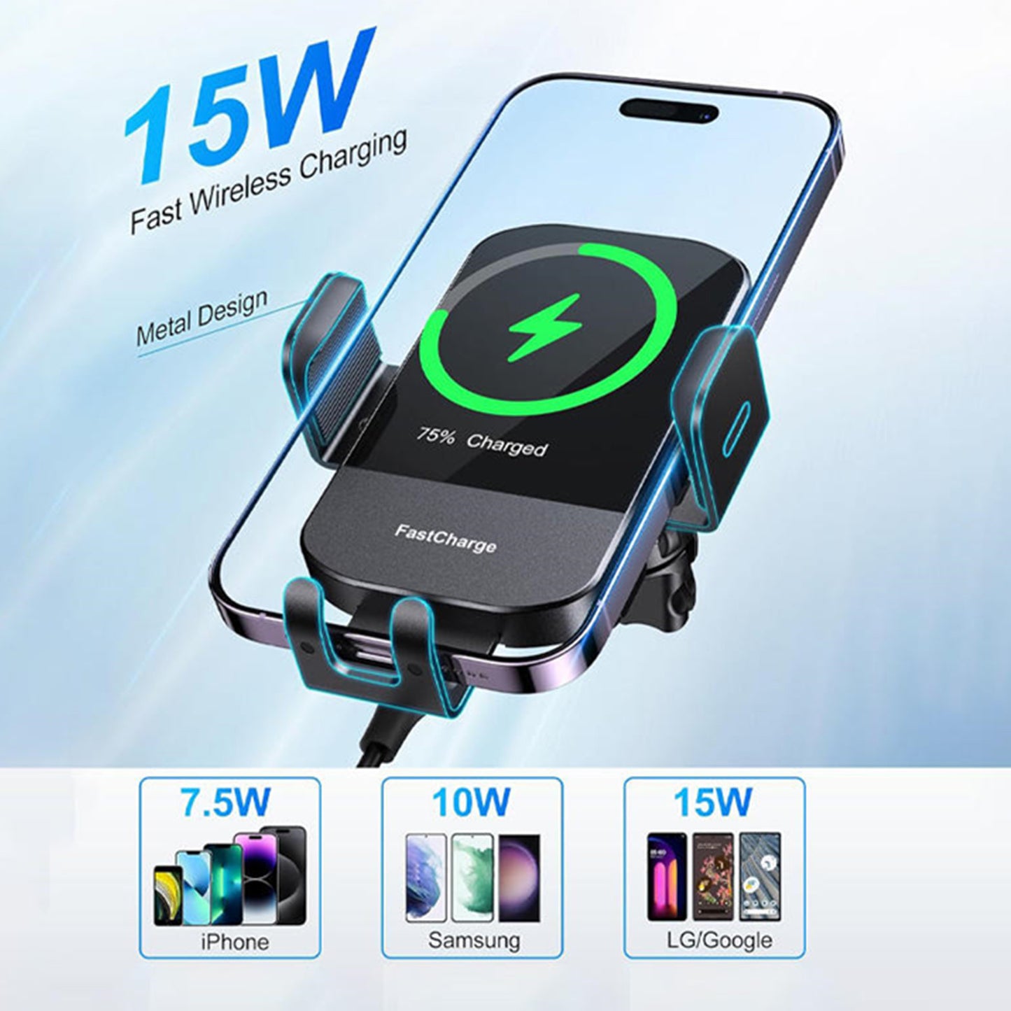 Wireless Car Charger,15W Fast Charging Auto Clamping Car Phone Holder Charger,Phone Holders for Car Mount Compatible for iPhone 17 16 15 14 13 12 11 Mini Pro Max XR,Samsung Galaxy,Black