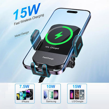 Wireless Car Charger,15W Fast Charging Auto Clamping Car Phone Holder Charger,Phone Holders for Car Mount Compatible for iPhone 17 16 15 14 13 12 11 Mini Pro Max XR,Samsung Galaxy,Black