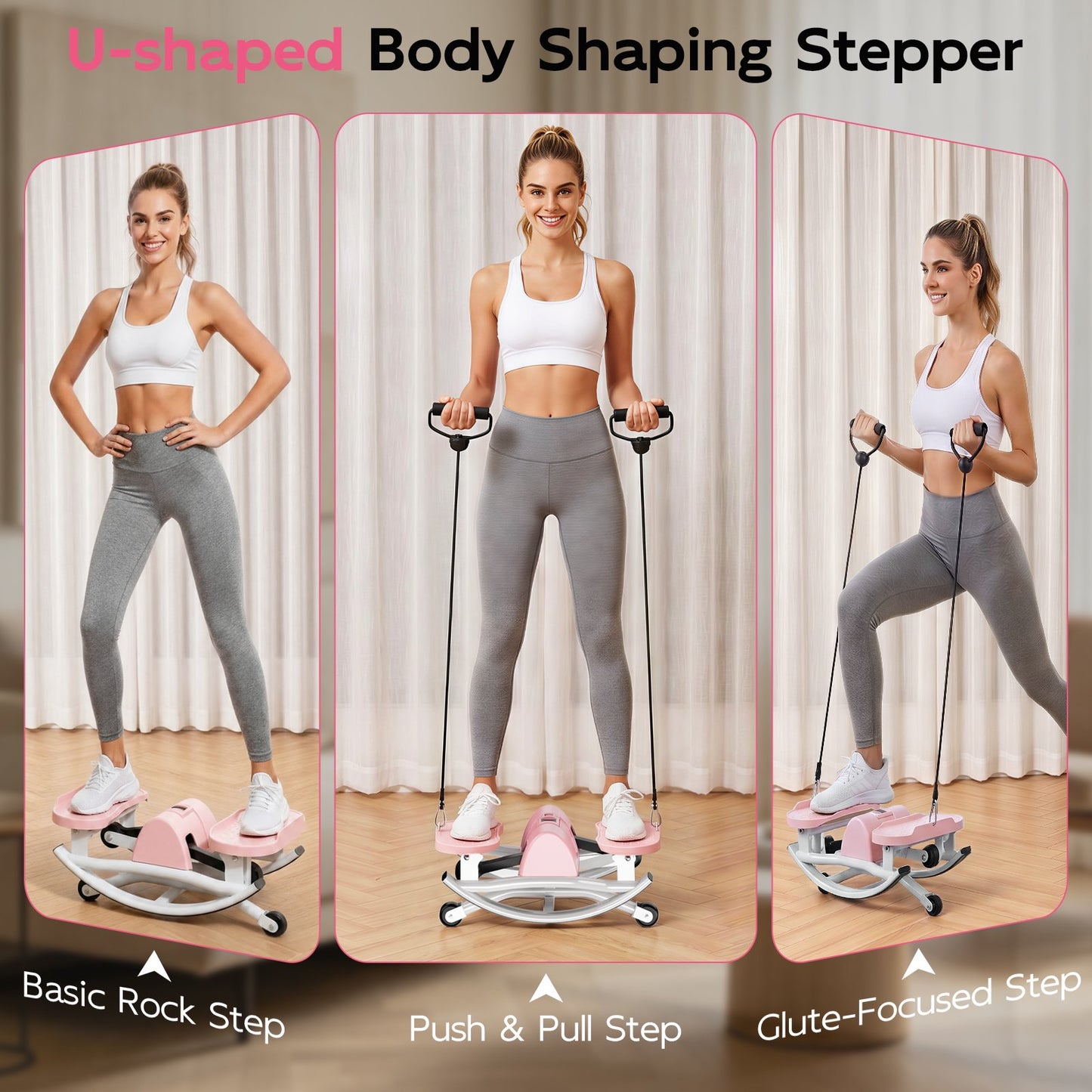 RICAN Smart Lateral Rocking Fitness Stepper, Low-Impact Portable Exercise Stepper with Digital Monitor, Resistance Bands & Floor Mat, Pink