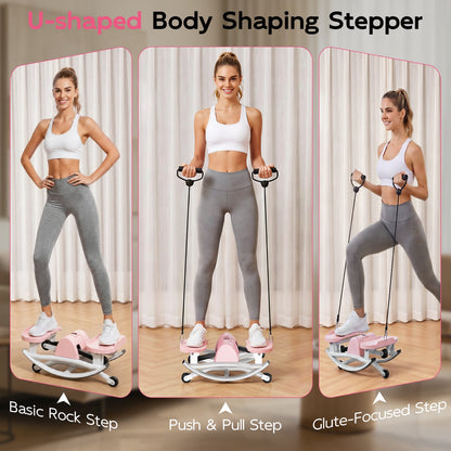RICAN Smart Lateral Rocking Fitness Stepper, Low-Impact Portable Exercise Stepper with Digital Monitor, Resistance Bands & Floor Mat, Pink