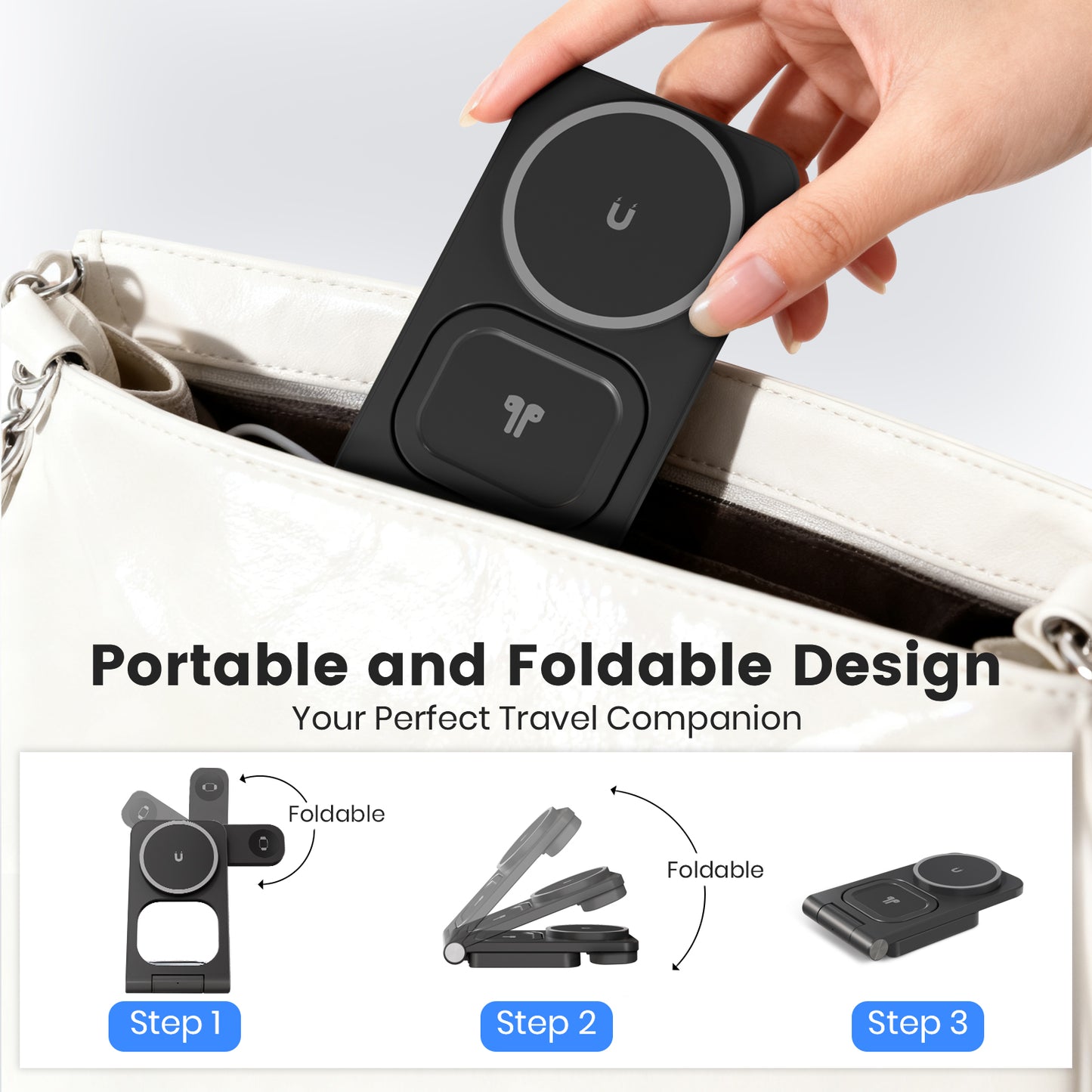 Charging Station, Magnetic Wireless Charger for iPhone 17 16 15 14 13 12, for iWatch, for AirPods 4 3 2, 3 in 1 Charging Pad with Foldable Design, Black