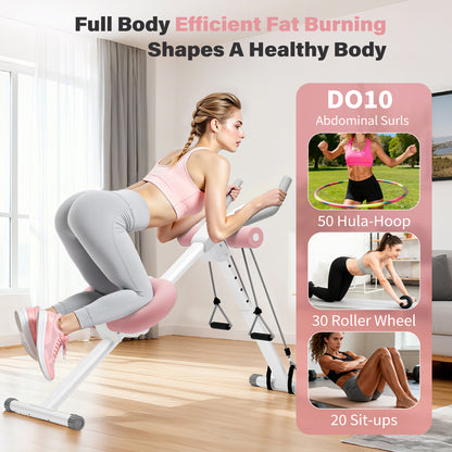 Rican Ab Machine, Foldable Abdominal Exercise Machine, Ab Workout Equipment with LCD Monitor, Abdominal Exercise Workout with Resistance Bands, Pink