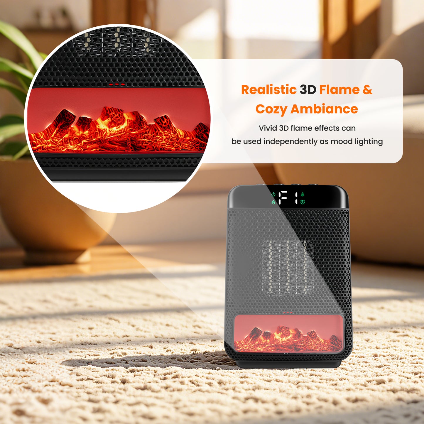 1500W Electric Heater with 3D Dynamic Flame, Indoor Tabletop Heater with Safety Protection & Timer, Low-Noise Space Heater Fan for Home, Bedroom, Office