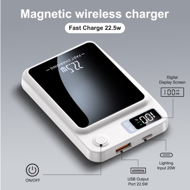 Wireless Power Bank, 5000mAh Magnetic Portable Charger with LED Power Display, Fast Charging 22.5W Battery Pack, Suitable for Outdoor Travel Emergency Backup Power Bank, White